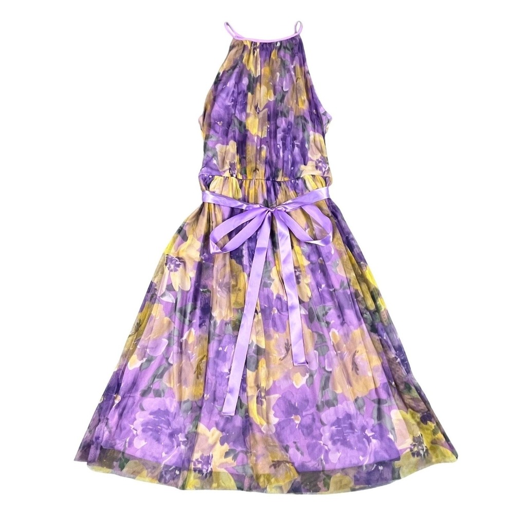 Candalite Floral Halter Midi Dress Purple Yellow Chiffon Satin Sash Size L